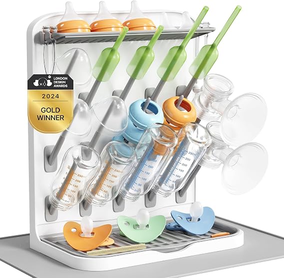 Lifewit 15-Hooks Baby Bottle Drying Rack with Drain Mat for Countertop | Vertical Bottle Storage Organizer, Stand-Up Dryer Holder for Pacifiers, Pump Parts, Baby Stuff, Newborn Essentials Must Haves