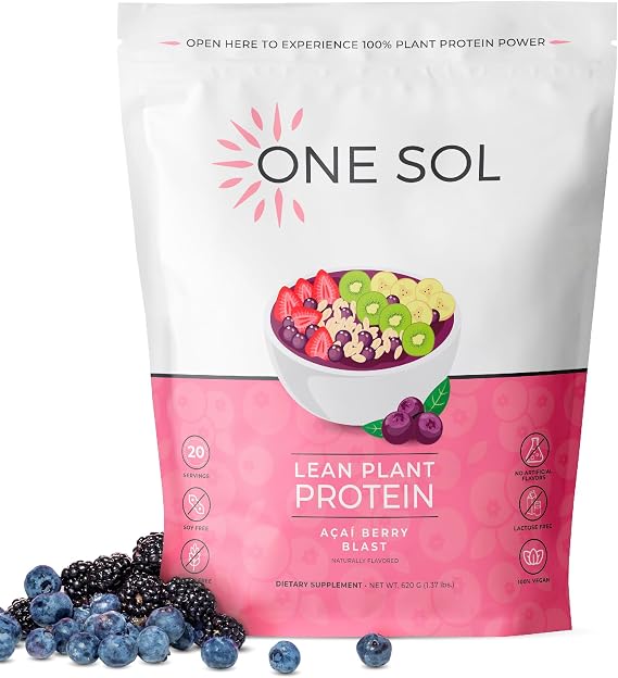 One Sol Lean Plant Protein Powder, Low Carb, Acai Berry Blast | Pea and brown rice protein; vegan, non-GMO, no added sugar, and free from gluten, lactose and soy.