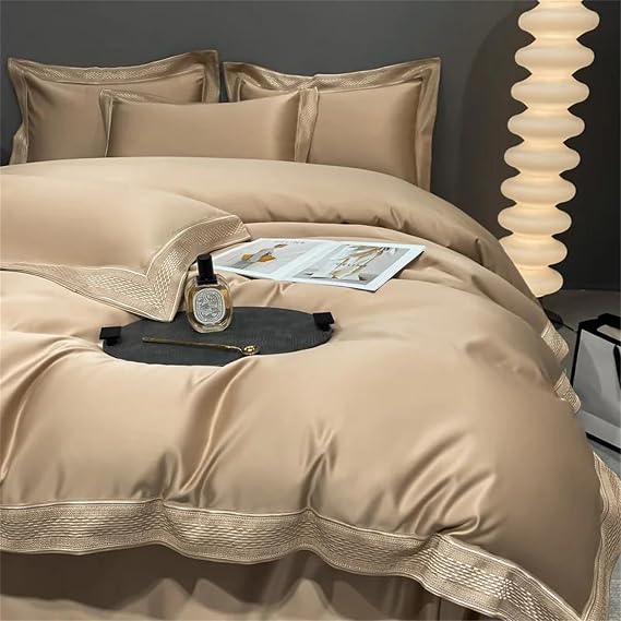 Queen King Size Simple Solid Color Silk Cotton Blend Bed Sheets Set Luxury 4 Piece Soft Bed Linen Duvet Cover and Bedclothes Kit(C,2.0M Bed)