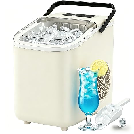 Countertop Ice Maker with Handle, Small Portable Self-Cleaning Ice Machine with Basket and Scoop, 26lbs/24H, 9 Ice Cubes in 6 Mins, for Home, Kitchen, Parties, Camping