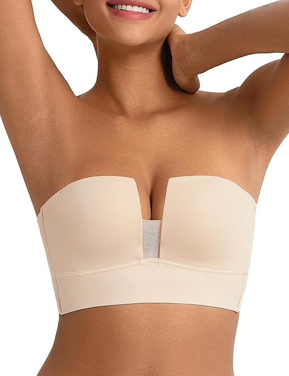 Strapless Bra Push Up Padded Deep V Plunge Bras for Women,Longline Underwire Support Anti-Slip