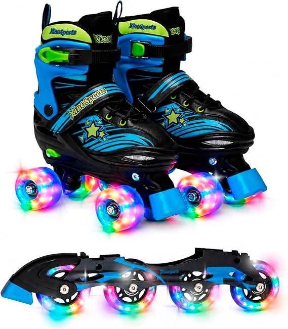 XINO SPORTS 2 in 1 Combo, Kids Roller Skates | Inline Skates - Interchangeable LED Light Up Skates for Kids Ages 6-12, Teens & Adults, Inline Skates for Girls and Boys, Adjustable Roller Skates Blades