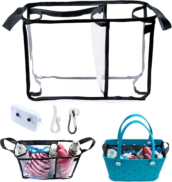 Clear Beach Bag Organizer Insert with 3pcs Accessories for Medium Bogg Bag Inserts -Beach Tote Bag Divider with Sunglasses Holder, Phone Holder and Clips Hooks - Beach Tote Insert Organizer Liner