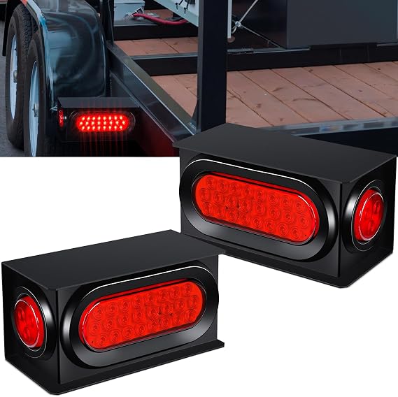 Trailer Lights Welded Mount Steel Boxes Kit w/6 inch LED Oval Tail Lights & 2 inch LED Red Round Side Lights w/Grommet wire connectors, 2 Pack | 6 inch Red LED Oval Tail & Red Round Side w/Grommet Plugs,Weld On for trucks trailers tractors