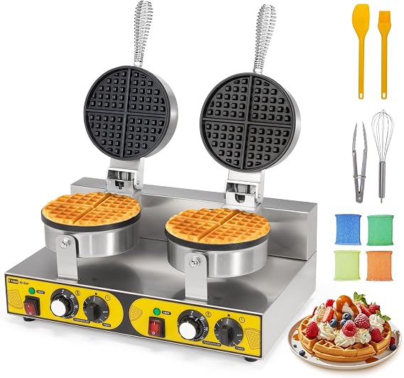 Dyna-Living Commercial Waffle Maker Double Head Waffle Iron for Restaurant | Non-Stick Classic Waffle Iron, 2400W Stainless Steel Round Waffle Machine Perfect for Cafes, Hotels, Food Trucks