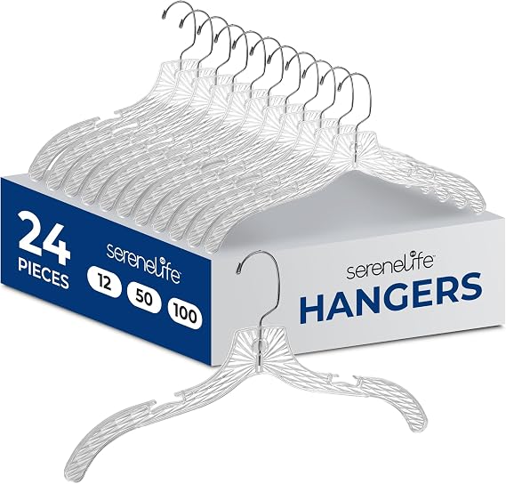 SereneLife Transparent Plastic Hangers, Crystal Clear, 24 Pack | 360 Swivel Hook With Notched Shoulders And Anti-Slip Grooves For Dresses, Suits, Coats And Everyday Apparel