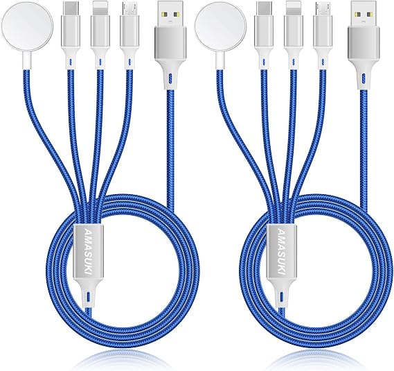2Pack Multi Charging Cable for Apple Watch Charger 4 in 1 Travel Essentials RV Camping Essentials USB C/L/Micro Compatible with iWatch Series 11-1/iPhone 17/16/15/Android Airplane Gadgets-4FT/Blue