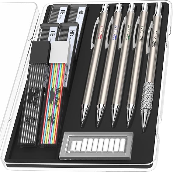 Mr. Pen- Metal Mechanical Pencil Set with Lead and Eraser Refills, 5 Sizes