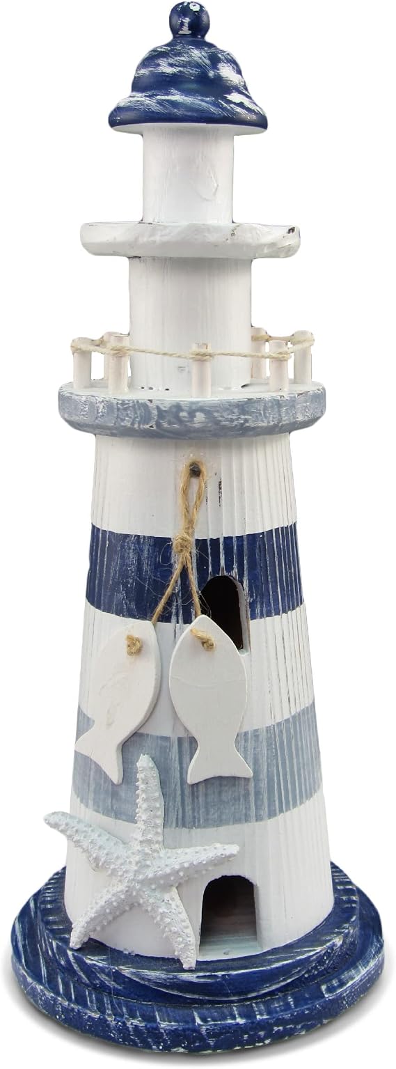 Puzzled COTA Global Large Blue White and Blue Stripes Wooden Lighthouse Decor - Cute Nautical Theme Decor Lighthouse with White Starfish Decor and Hanging Fish Decorative Ornaments - 4.5x11 Inches