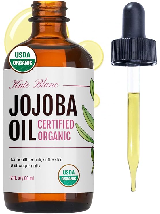 Kate Blanc Cosmetics Organic Jojoba Oil for Hair, Skin, Face, Nails (2oz) | USDA Certified, 100% Pure Cold Pressed Unrefined - Moisturizing Carrier Oil for Gua Sha, Dermaplaning, Body - Glass Bottle