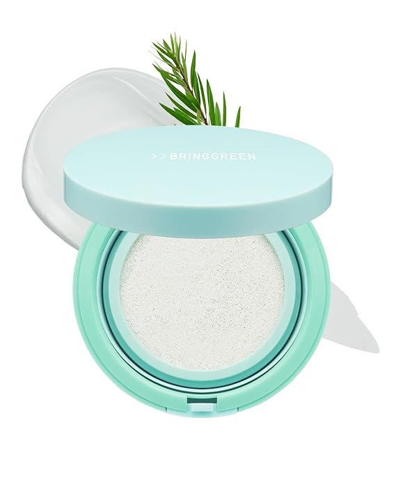 BRING GREEN Tea Tree CICA Facial Sun Cushion SPF 50+ PA++++ | Korean Mineral Sunscreen for Face | Non-Nano, Reef-Safe, Redness Correcting with Zinc Oxide | Travel Size Sun Protection