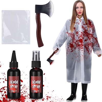 4 Pcs Halloween Costume Accessory Fake Blood Spray Dripping Blood Gel Raincoat Foam Ax Cosplay Party Scary Horror Killer Dress Up for Adults