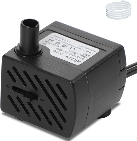 alizzy 50 GPH (180L/H) 3w Small Water Pump with Tubing and Adjustable Flow for Tabletop Fountain, Aquarium, Fish Tank, Hydroponic