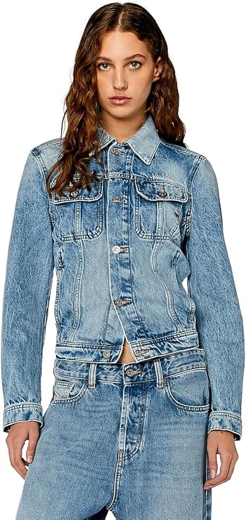 Diesel Womens Denim Trucker Jacket, Organic Cotton Fix Denim, Relaxed Fit DE-Bonny