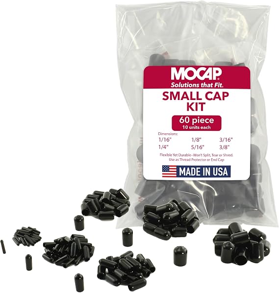 MOCAP Round Vinyl Plastic Caps 6 Sizes (1/16"3/8") Flexible Vinyl Tube End Cap Set for Thread Protection, Pipe Capping Fits Straight, Metric, NPT Threads - 10 Pieces Per Size, Made in USA