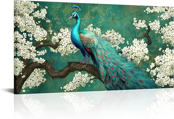 OuElegent Peacock Canvas Wall Art Green and White Flower Elegant Animal Painting Pictures Artworks for Living Room Bedroom Wall Decor Ready to Hang 24"x48"