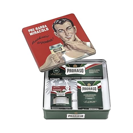 Proraso Shaving Kit - Vintage Gino Tin - Refreshing Pre Shave Cream, Shaving Cream & After Shave Balm for All Beard Types - Premium Italian Gift Set for Men in Collectable Tin