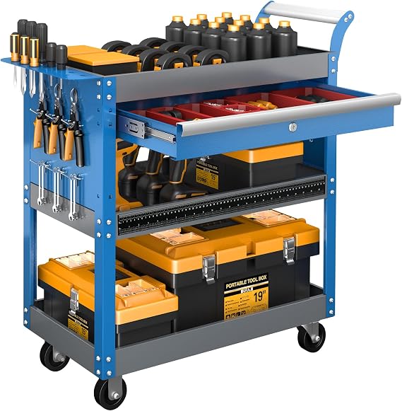 3 Tier Rolling Tool Cart on Wheels,Mechanic Tool Cart with Lockable Drawers,440 LBS Load Capacity Tool Storage Cart with Pegboard and Hook,Industrial Utility Cart,for Garage, Workshop and Warehouse