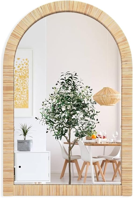 Decorative Rattan Wall Mirror, Boho Bathroom Modern Makeup Mirror, Rustic Wall Bohemia Mirrors for Bedroom, Living Room, Vanity Versatile Farmhouse, Nursery, Bathroom, 36"x24", Arched