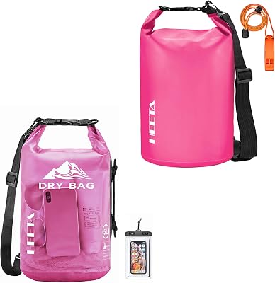HEETA Waterproof Dry Bag with Phone Case Bundled with Upgraded Version with Emergency Whistle for Women Men, Roll Top Lightweight Dry Storage Bag Backpack Pink 5L