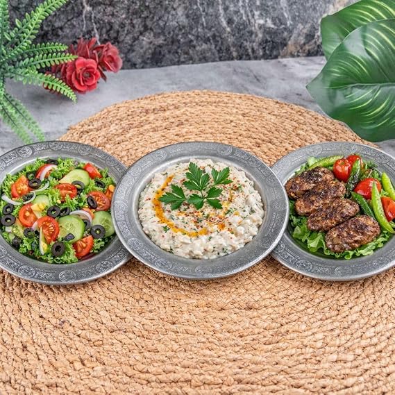 18 cm Paslanmaz Krom Çelik Yuvarlak Servis Tabağı, Kararmaz, Desenli, Salata Meze Köfte Sunumu için, Fırın Uyumlu 430 Kalite