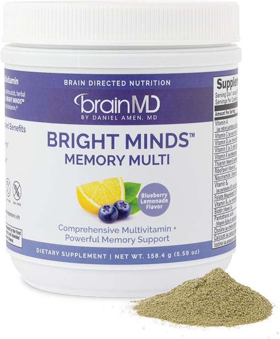 BRAINMD Dr Amen Bright Minds Memory Multi, Blueberry Lemon - 5.59 oz Powder - Multivitamin & Memory Support - Gluten Free, Sugar Free - 30 Servings