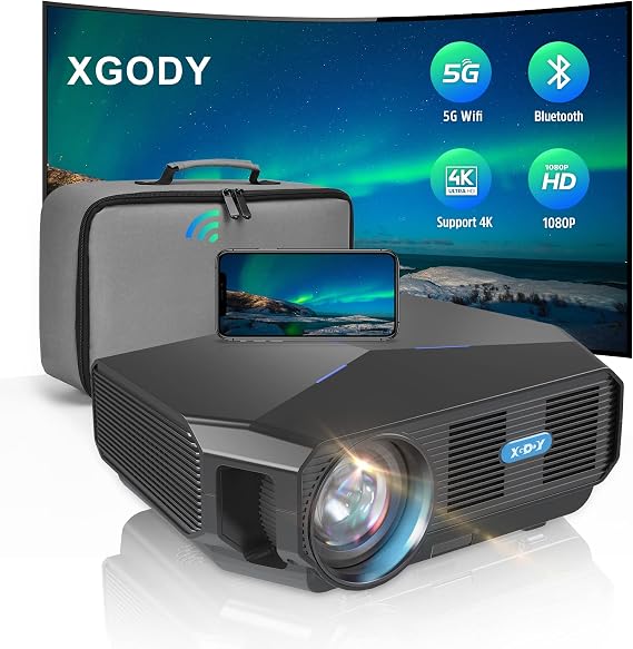 XGODY Portable Projector A4300 Native 1080P HD Projector 9200L 5G WiFi Projector Bluetooth Home Theater Video Projector with Storage Bag Remote Control Support HDMI, VGA, USB, Phone Mirror Link Black