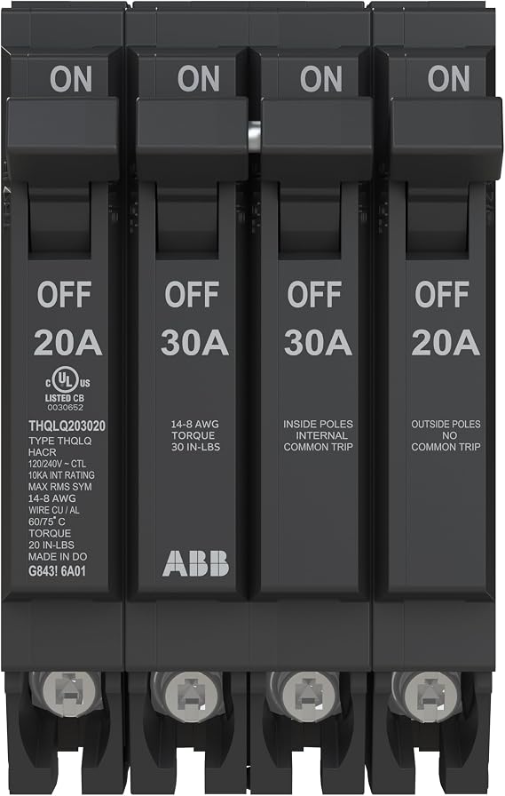 ABB Q-Line THQLQ203020 Quad Circuit Breaker 20A/1P, 30A/2P, 20A/1P Configuration 120/240 VAC 10 kAIC Interrupt Rating Thermal Magnetic Plug-On Breaker for Load Centers