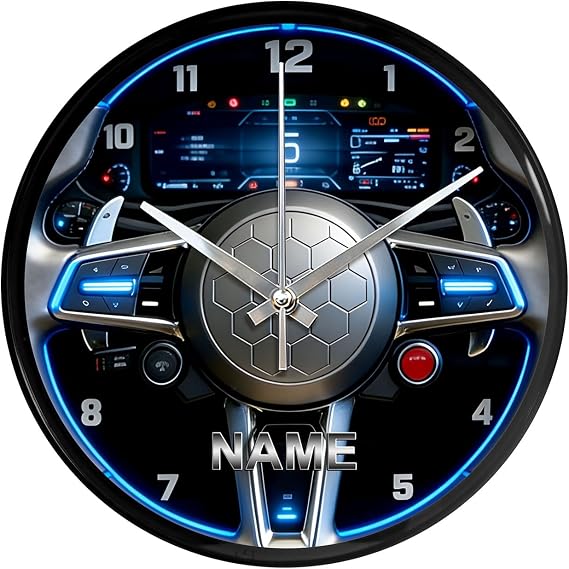 Personalized 2D Car Steering Wheel Instrument Panel Theme Wall Clock with Name Quartz Movement Non-Ticking Car 4S Store and Racing Driver's Bedroom Decoration Clocks (Blue)