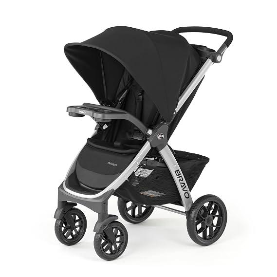 Chicco Bravo Quick-Fold Baby Stroller with One-Hand Compact Fold | Black/Black, removable toddler seat, UPF 50+ canopy, infant car seat compatible, travel stroller, all-wheel suspension