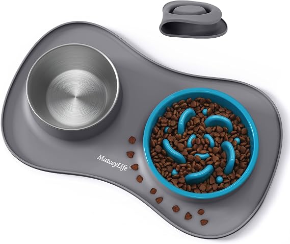 MateeyLife Dog Bowl Slow Feeder Set 3 in 1, Basic Dog Food Bowl, Stainless Steel Cat Bowls and Non-Spill Silicone Mat with Stand Set, Slow Feeder Pet Food Bowls for Small, Medium, Large Breeds