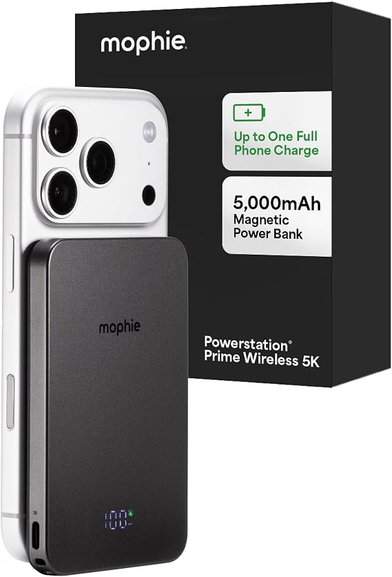 Mophie Powerstation Prime Wireless 5K Power Bank - Magnetic Wireless Portable Charger 5,000mAh Internal Battery External Battery Pack Slim Profile Travel Power Bank with Hidden Digital Display - Gray