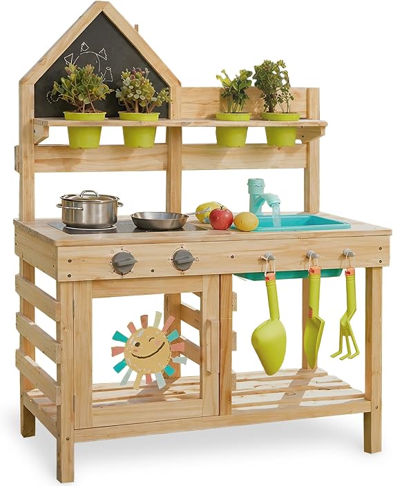 Freniland Outdoor Mud Kitchen for Kids,Wooden Play Kitchen with Real Running Water & Hose Hookup,Built-in Storage and Removable Sink,Backyard Toddler Kitchen Playset for Ages 3+