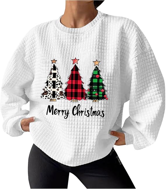 Women's Plaid Christmas Tree Graphic Pullover Sweatshirt Waffle Casual Long Sleeve Sweatshirt Blouses Hoodless