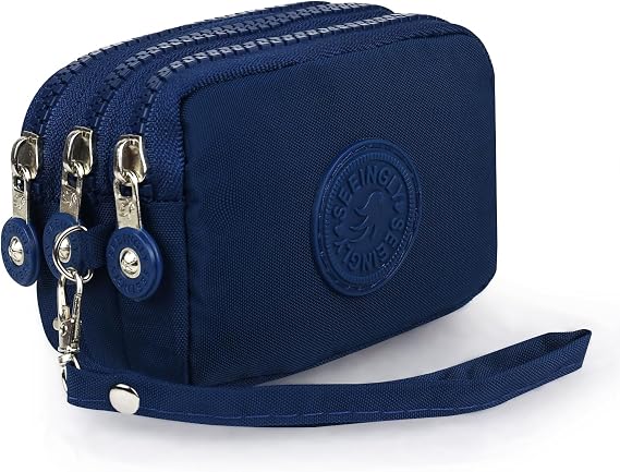 Women's Coin Purse with 3 Zippered Compartments - Mini Wallet for Cash, Credit Cards, ID, Jewelry, Keys - Secure Zipper Closure, Compact Travel Pouch (Dark Blue)