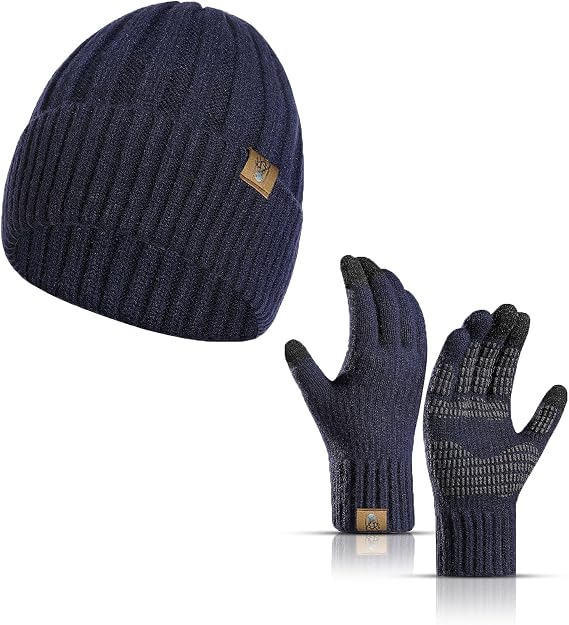 Mens Winter Beanie Hat and Touchscreen Gloves Set for Men Women Navy Blue | Soft Skull Cap Anti-Slip Gloves Set with Warm Knit for Cold Weather Gifts for Mens Womens