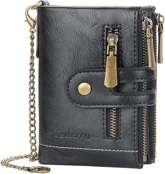 Mens Wallet with Chain, PU Faux Leather Bifold Wallet for Men Double Zipper Coin Pocket Purse Double Anti-Theft Men Gift-Black