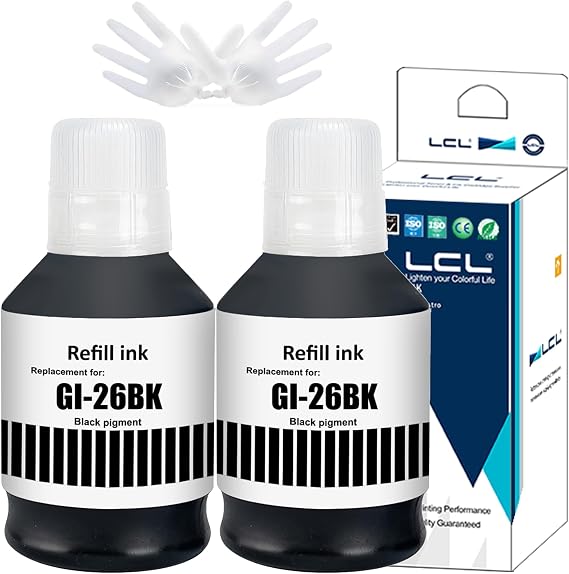 LCL GI-26 GI26 Black Ink Bottles Replacement for Canon 26 GI26 GI-26 Ink Refill Bottles Compatible with Canon MAXIFY GX7021 GX6021 GX7020 GX6020 GX5020 GX4020 GX3020 Printer (2-Pack)