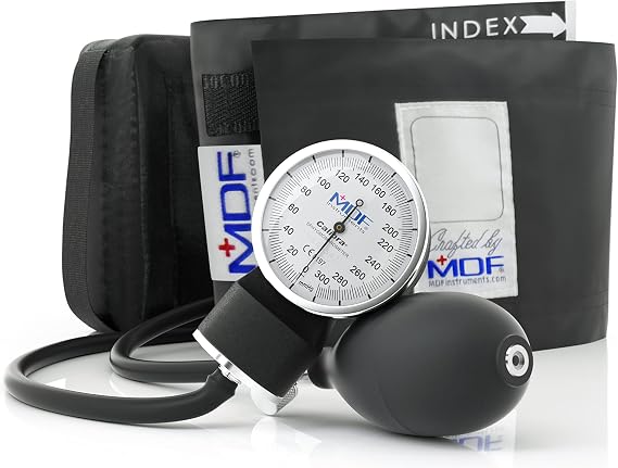 MDF Instruments, Calibra Aneroid Premium Professional Sphygmomanometer, Blood Pressure Monitor with Adult Cuff & Carrying Case, Lifetime Calibration, White Dial, Black Cuff, MDF808M11