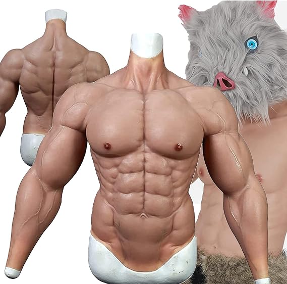 Silicone Muscle Suit Realistic Silicone Male Chest Half Body Muscle Suit Fake Muscle Shirt for Cosplay Makeup Halloween Props Male Shaper Stronger,Dark