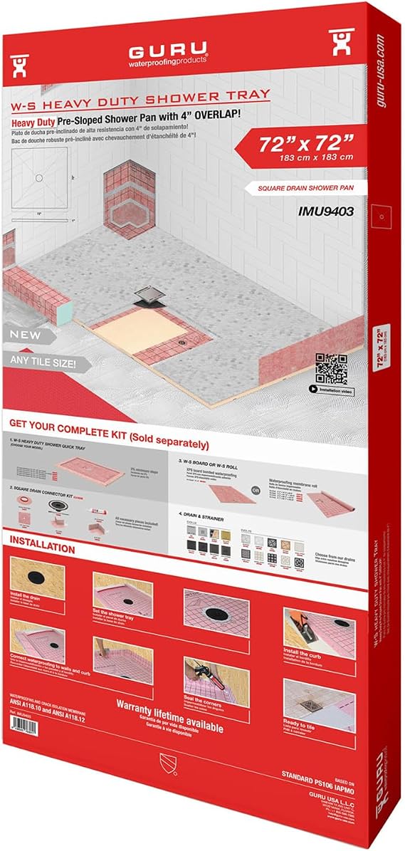 GURU USA W-S Heavy Duty Shower Tray for Square Drain, Bathroom Shower Pan Kit with Pre-Sloped Shower Base & Waterproofing Membrane, 72 x 72, Four Slopes, Center Drain