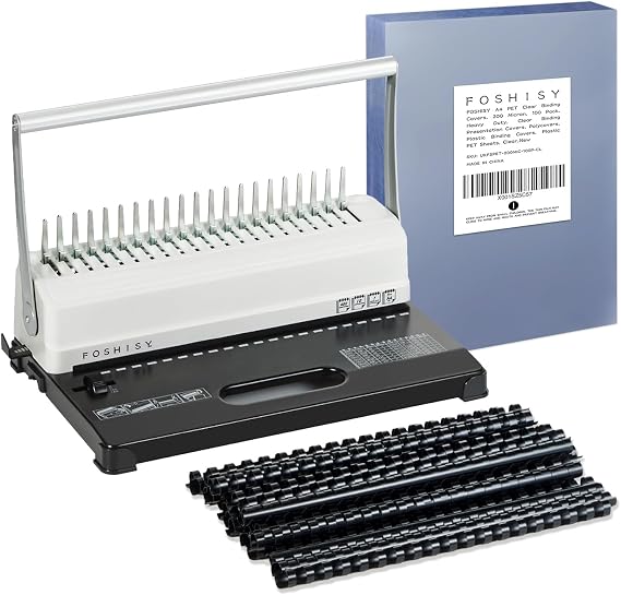 21 Hole Comb Binding Machine 450 Sheet Capacity Binder Kit with 50 PCS 12mm Binding Combs and 100 Pack A4 200 Micron Ultra Clear PET Binding Covers Transparent Square Corners for Office School