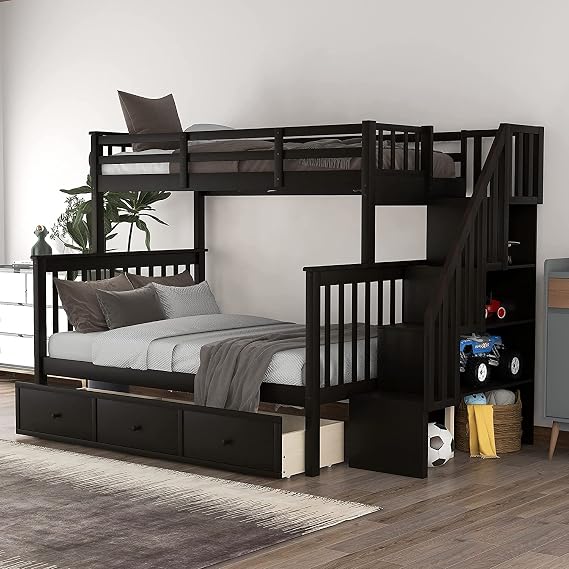 MERITLINE Bunk Bed Twin Over Full with Storage Drawers and Stairs, Solid Wood Bunk Bed with Safety Guardrails for Kids Teens Adults, Detachable Bunk Beds (Espresso)