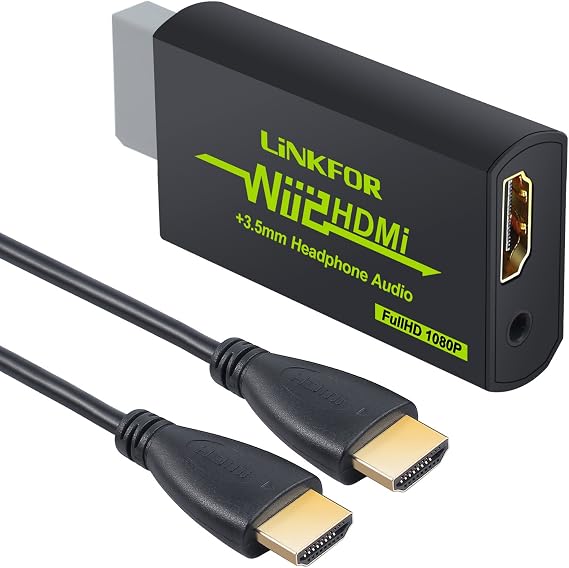 LiNKFOR Wii to HDMI Adapter with 3ft HDMI Cable Wii to HDMI Converter Support 3.5mm Jack Audio&1080P/720P Video Output and All Wii Display Mode 720P NTSC wii Converter to hdmi Cable for HDTV