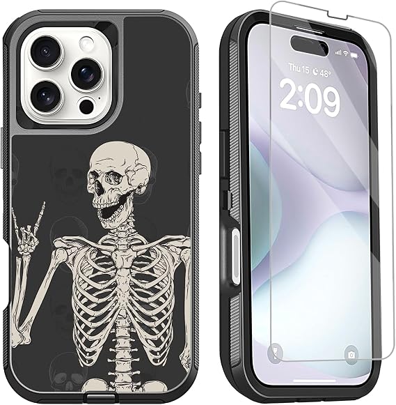 Compatible for iPhone 16 Pro Max Case with Screen Protector Cute Skull Hippie Design, Full Body Rugged Heavy Duty Shockproof Protective Phone Case for iPhone 16 Pro Max 6.9inch