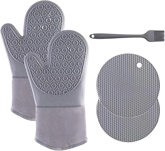 Oven Mitts 5Pcs Microwave Heat Insulation Silicone Baking Gloves Oven Pot Holder Nonslip Grilling Pad Hand Clip for Kitchen