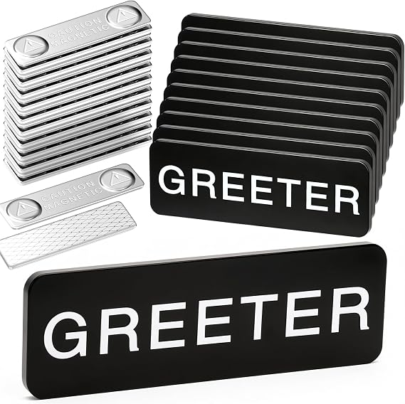 Sabary 10 Pcs Magnetic Greeter Name Tag for Church Acrylic Greeter Badge Name Tag with Magnet Reusable Badge Bulk for Uniform Clothes Church Gatherings, 1 x 3 Inch, Round Corners(Black White)