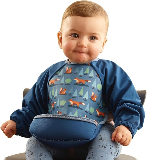 Bibetta Ultrabib - Weaning bib with sleeves - Premium Neoprene for Comfort - Waterproof - Baby bibs with Crumb Catcher Pocket for Feeding Toddler & Babies - Roll Up and Machine Washable (Blue Foxes)