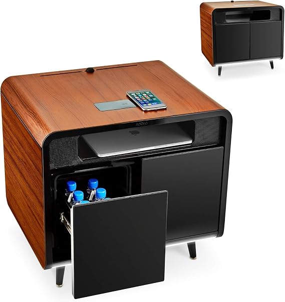 sobro Smart Side/Nightstand Table - with Cooling Drawer, Wireless Charging, Bluetooth Speakers, USB-C and 120V outlets, LED Light, Wood/Black