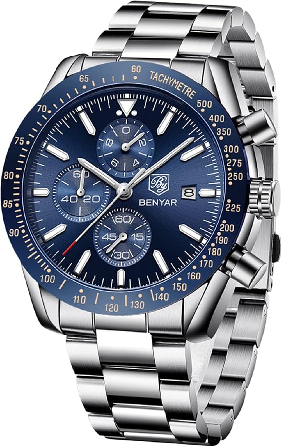Benyar Men's Analogue Watch Quartz Chronograph 30 m Waterproof Luminous Date Function Casual Business Designer Watch Classic Elegant Gift